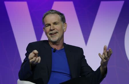 Netflix's Chief Executive Officer Reed Hastings gestures as he delivers his keynote speech during Mobile World Congress in Barcelona, Spain, February 27, 2017. REUTERS/Paul Hanna