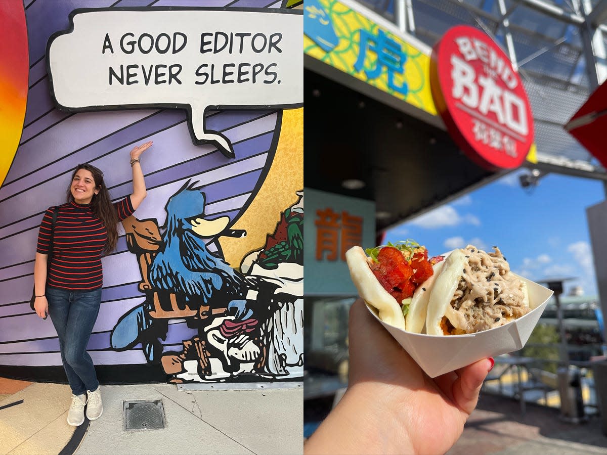 elizabeth blasi posing in front of a sign next to a photo of fusion baos from bend the bao at universal orlando