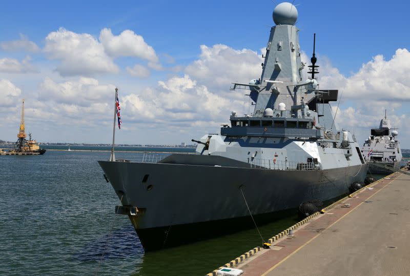 British Royal Navy's Type 45 destroyer HMS Defender is docked in the Black Sea port of Odessa