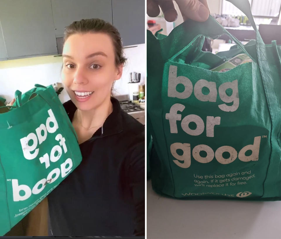 Woolworths customers holding reusable tote bags