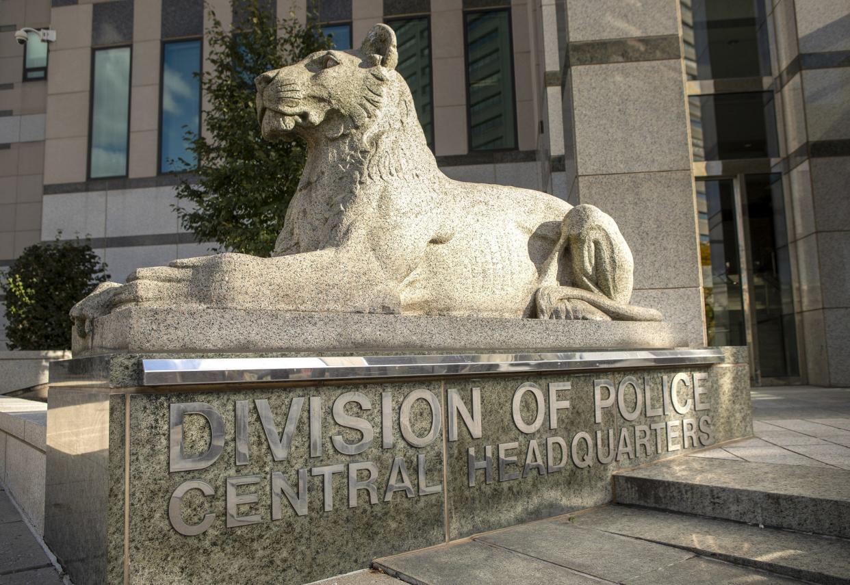 A lion statue outside Columbus Division of Police headquarters, Downtown