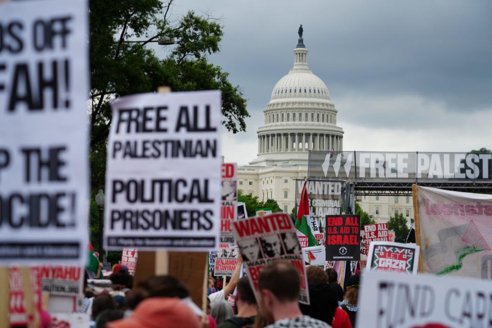 Protesters gather to rally against Israeli Prime Minister Benjamin Netanyahu, who was addressing Congress on July 24, 2024.