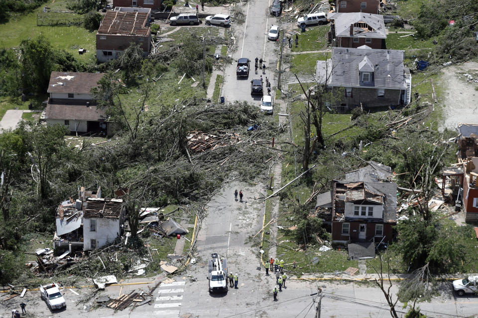 This aerial image shows severe storm damage in Jefferson City, Mo., Thursday, May 23, 2019, after a tornado hit overnight. A tornado tore apart buildings in Missouri's capital city as part of an overnight outbreak of severe weather across the state. (AP Photo/Jeff Roberson)