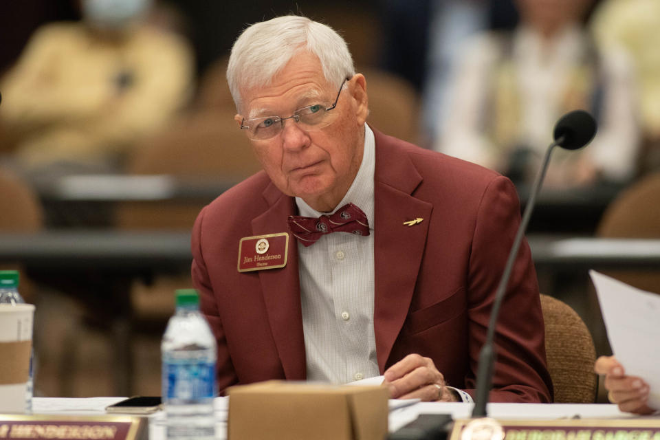 Florida State University Board of Trustees member Jim Henderson listens during a meeting of the board to select the university's next president at the Turnbull Conference Center Monday, May 24, 2021.