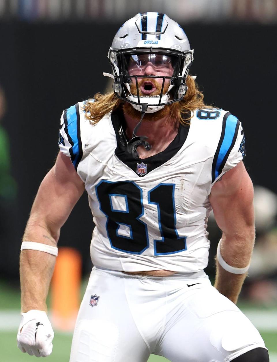 Carolina Panthers tight end Hayden Hurst celebrates his touchdown pass reception during second quarter action against the Atlanta Falcons at Mercedes-Benz Stadium in Atlanta, GA on Sunday, September 10, 2023.