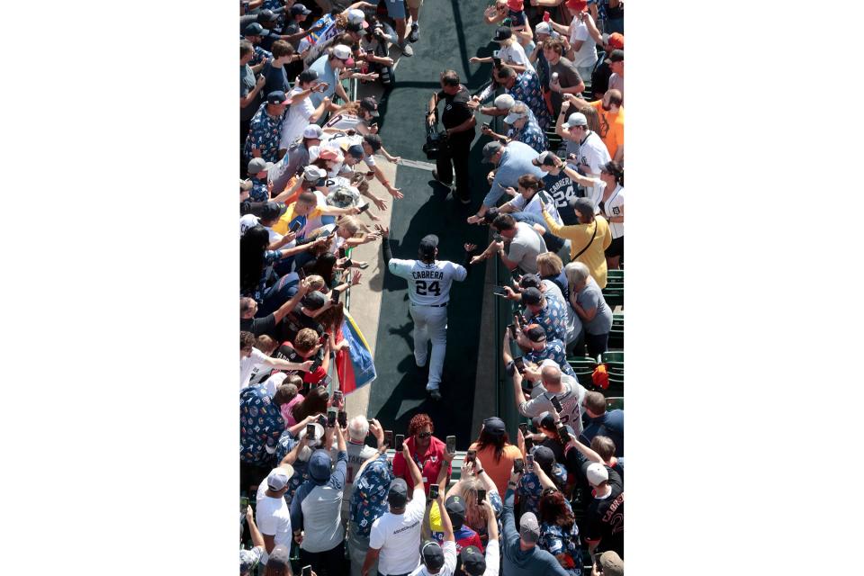 Detroit Tigers player Miguel Cabrera walks out from the umpires tunnel during the pregame ceremony honoring him in his second to last game before his team took on the Cleveland Guardians at Comerica Park in Detroit on Saturday, September 30, 2023.