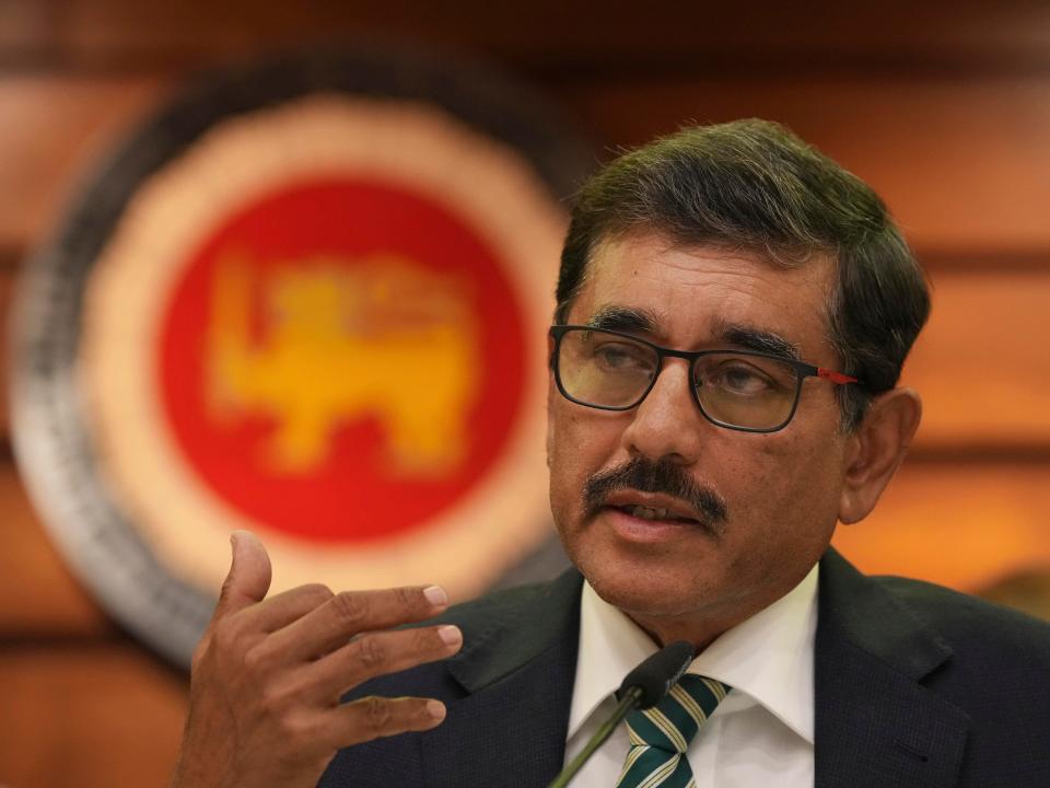 Newly appointed governor of Sri Lankan Central Bank Nandalal Weerasinghe speaks during a media briefing in Colombo, Sri Lanka, Friday, April 8, 2022.