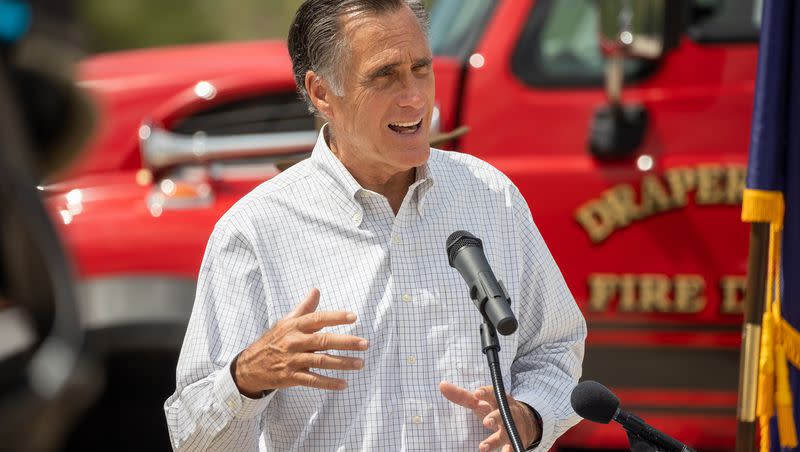 Sen. Mitt Romney, R-Utah, speaks at a press conference at the Little Valley Trailhead in Draper on June 18, 2021. Romney continues to work on wildfire resilience policy in Utah and the nation.