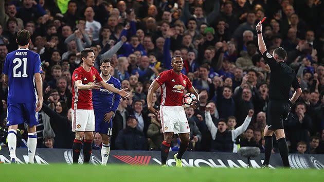 Herrera's sending off swung the match in Chelsea's favour. Pic: Getty