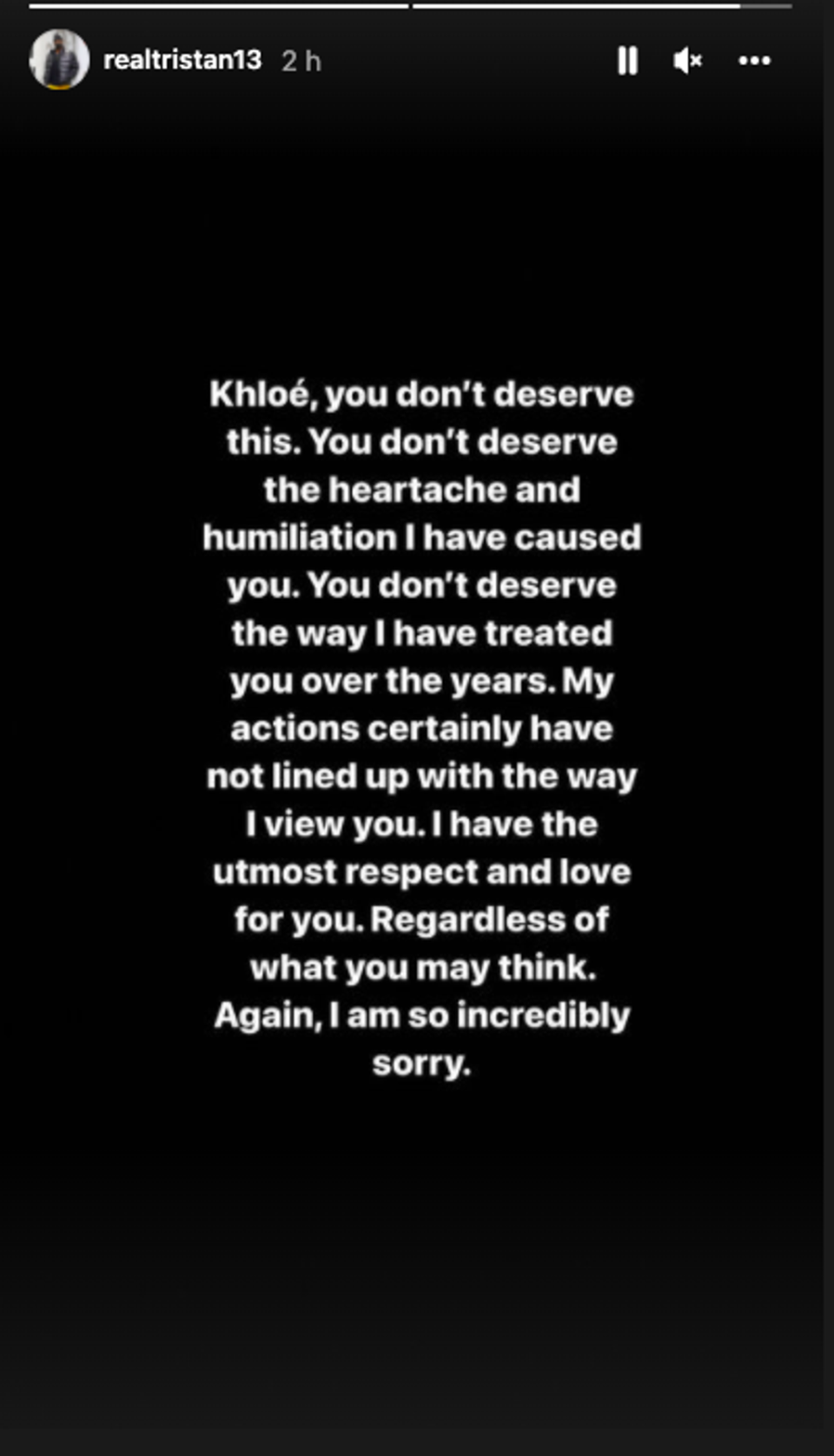 Screenshot of Tristan Thompson’s apology to Khloe Kardashian (Instagram/@realtristan13)