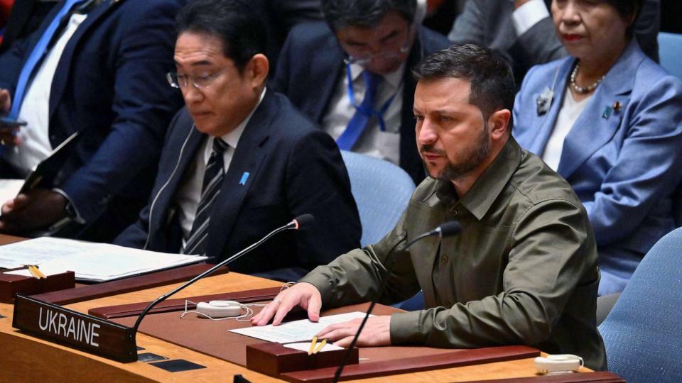 PHOTO: Ukrainian President Volodymyr Zelenskyy speaks during a high level Security Council meeting on the situation in Ukraine on the sidelines of the 78th UN General Assembly, at UN headquarters in New York City, Sept. 20, 2023. (Angela Weiss/AFP via Getty Images)