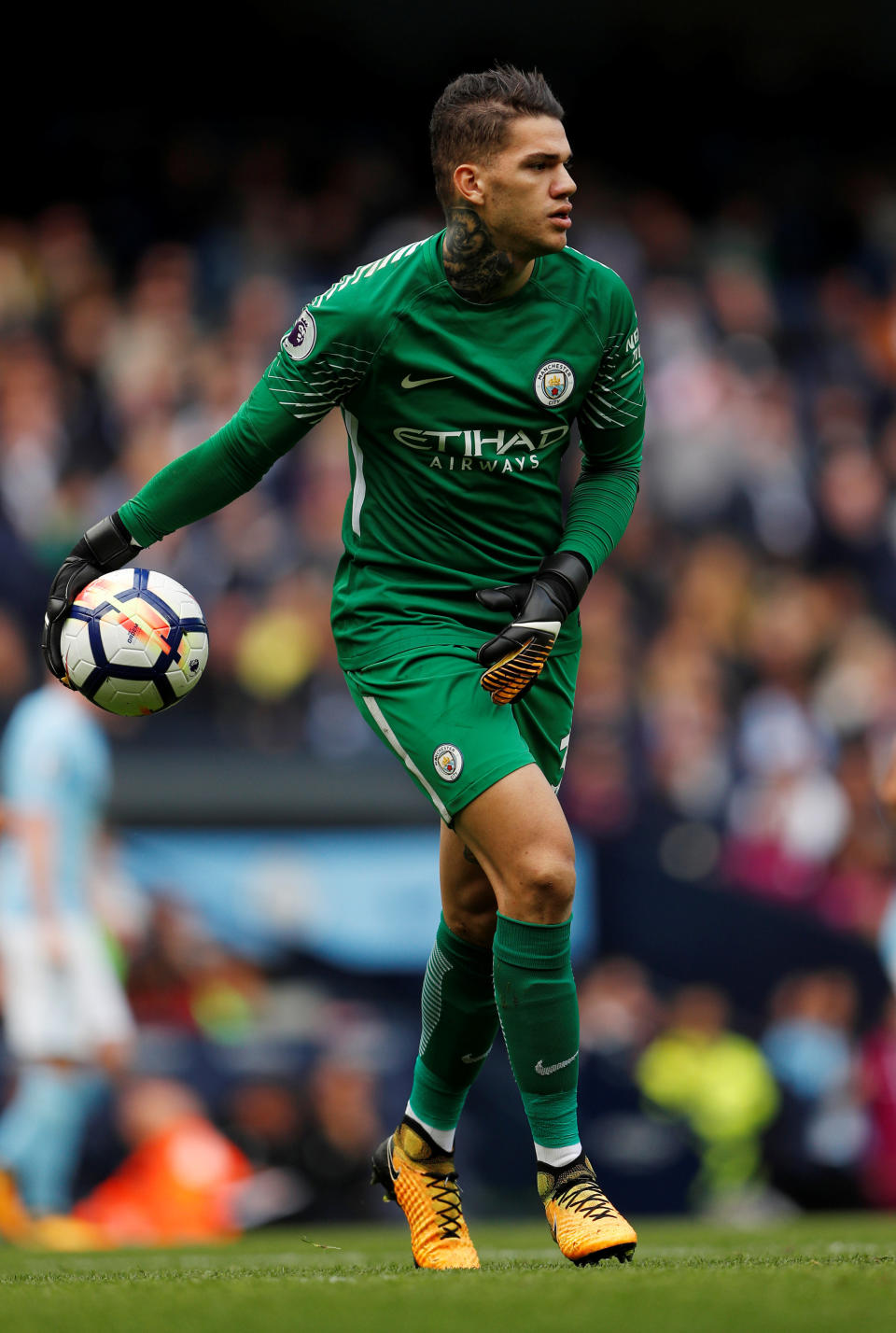 <p>Manchester City keeper Ederson Moraes looks to start an attack </p>