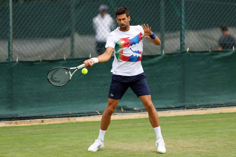 Novak Djokovic (pictured) hits a forehand during a practice session.