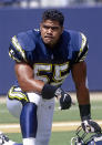 Linebacker Junior Seau #55 of the San Diego Chargers before a game against the Carolina Panthers, in San Diego, California, on September 14 , 1997. (Photo by Glenn James/Getty Images)