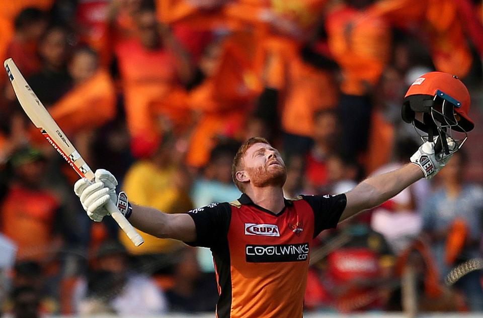 Sunrisers Hyderabad's Jonny Bairstow raises his bat after scoring a century against Royal Challengers Bangalore during the VIVO IPL T20 cricket match in Hyderabad, India, Sunday, March 31, 2019. (AP Photo/ Mahesh Kumar A.)