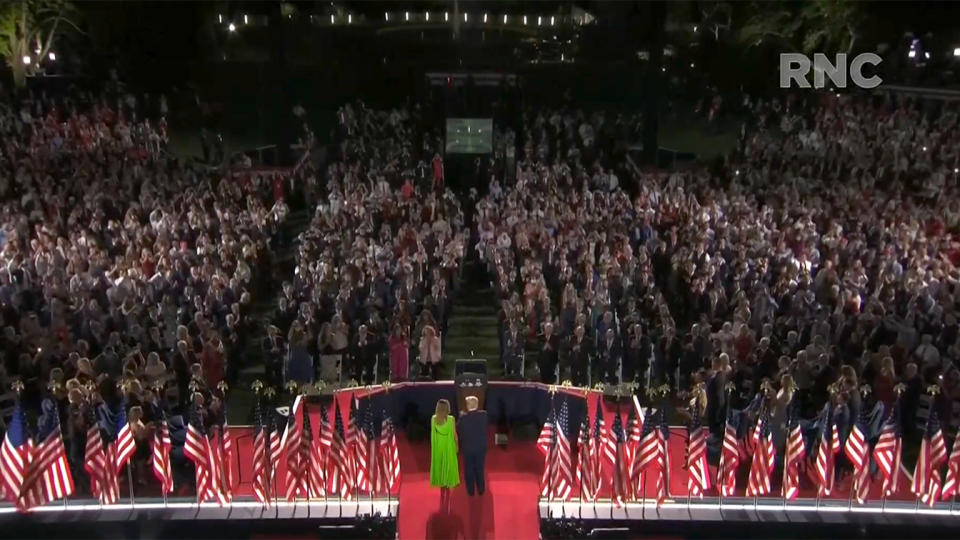 President Donald Trump and First Lady Melania take the stage on the final evening of the virtual Republican Convention at the Rose Garden on August 28, 2020. (via Reuters TV)