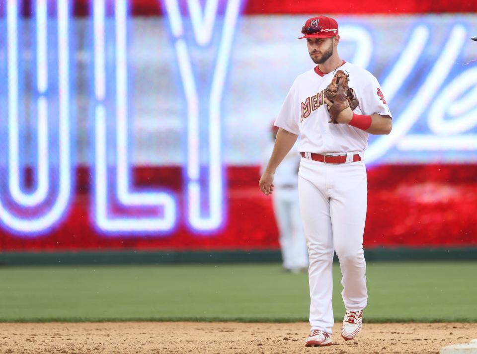 Memphis Redbirds shortstop Paul DeJong during their game against the Iowa Cubs at AutoZone Park on Wednesday, May 25, 2022. 