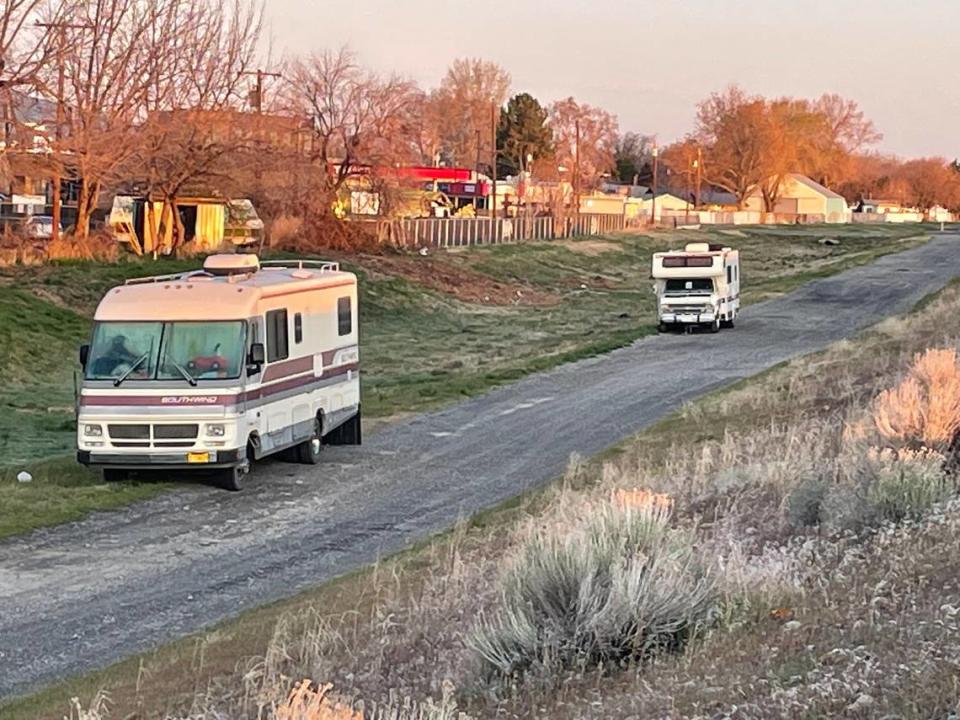 RVs are seen parked along the Columbia River.