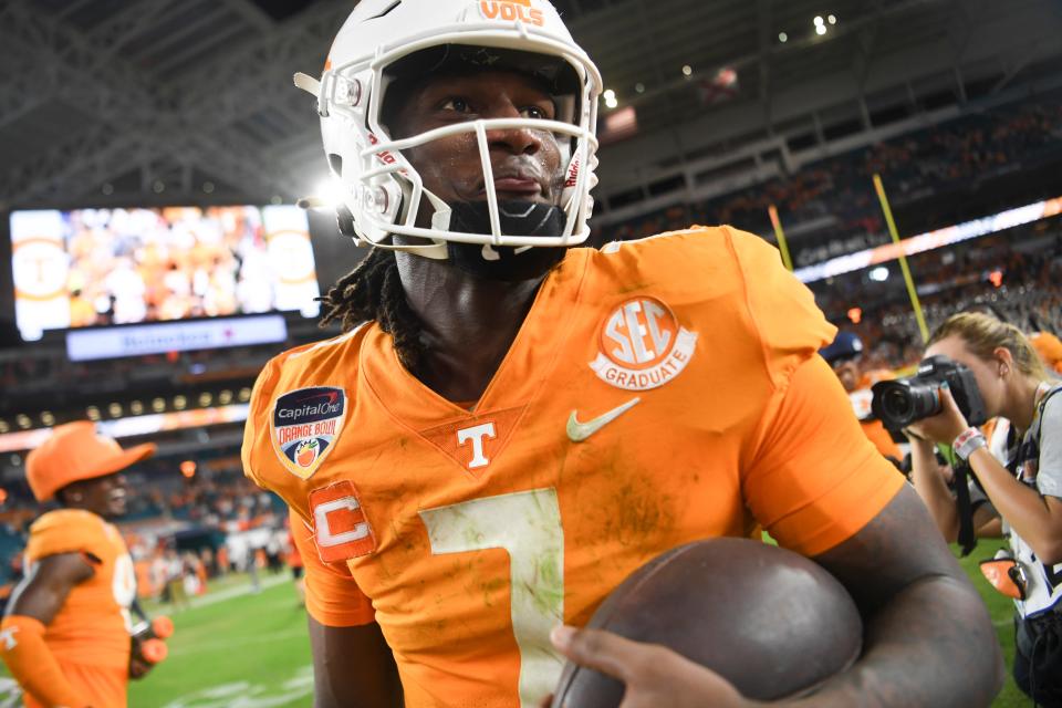 Tennessee quarterback Joe Milton III (7) celebrates after the Orange Bowl game between the Tennessee Vols and Clemson Tigers at Hard Rock Stadium in Miami Gardens, Florida, on Friday, Dec. 30, 2022. Tennessee defeated Clemson 31-14. USA TODAY Sports
