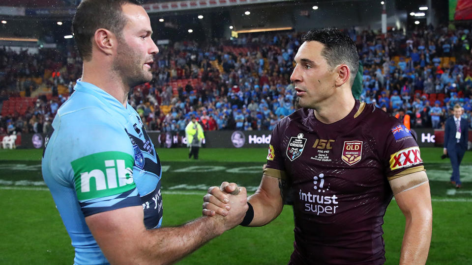 Boyd Cordner and Billy Slater after game three of the State of Origin series. (Photo by Cameron Spencer/Getty Images)