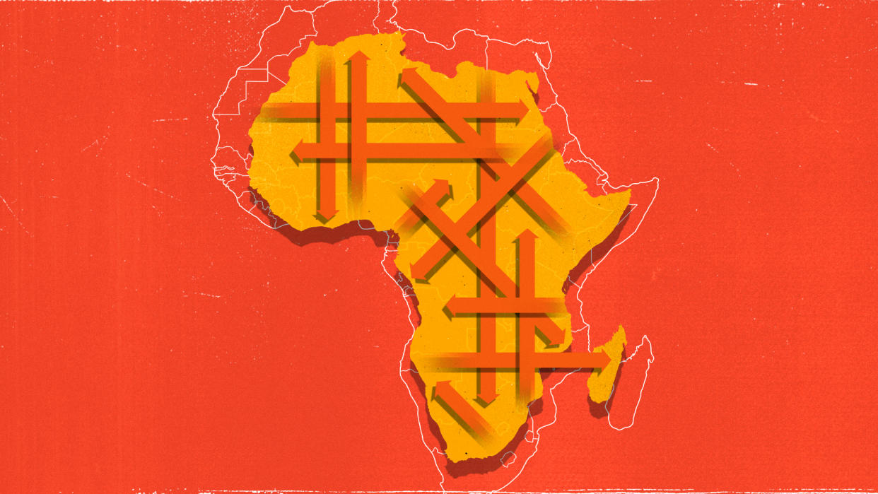  Map of Africa with intersecting arrows. 