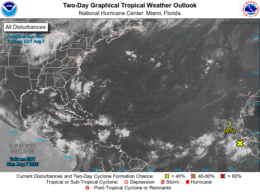 A satellite image shows the position of a tropical wave over the far eastern Atlantic Ocean. Forecasters say this system could become a tropical depression this week.