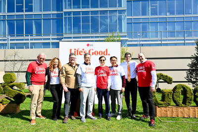 John Taylor, VP of Public Affairs and Communications, LG Electronics; Beth Meyer, VP, Social Impact Partnership at Discovery Education; naturalist Dave Mizejewski of National Wildlife Federation; Chris Jung, President and CEO of LG Electronics North America, Mayor Mark Park, of Englewood Cliffs; Chulho Huh, VP, Corporate Marketing, LG Electronics; Mayor Mark Sokolich, of Fort Lee; and Louis Giagrande, Head of Marketing, LG Electronics, left to right, attend Life's Good Earth Day Community Fair, Monday, April 22, 2024, at the LG Electronics North American Innovation Campus in Englewood Cliffs, NJ.  The event hosted a range of activities that highlighted the importance of sustainable practices -  including an e-waste drive and the unveiling of the new pollinator garden at LG's headquarters. (Diane Bondareff/AP Images for LG Electronics)