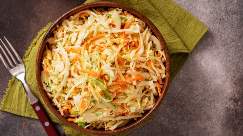 filled bowl of shredded cabbage salad