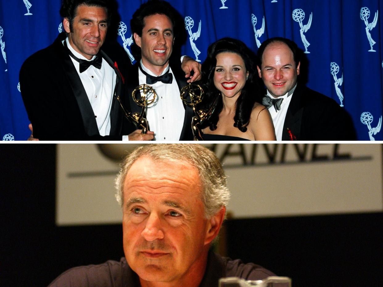 The cast of Seinfeld poses with their Emmy award, spliced together with a photo of the late entertainment executive Frank Biondi