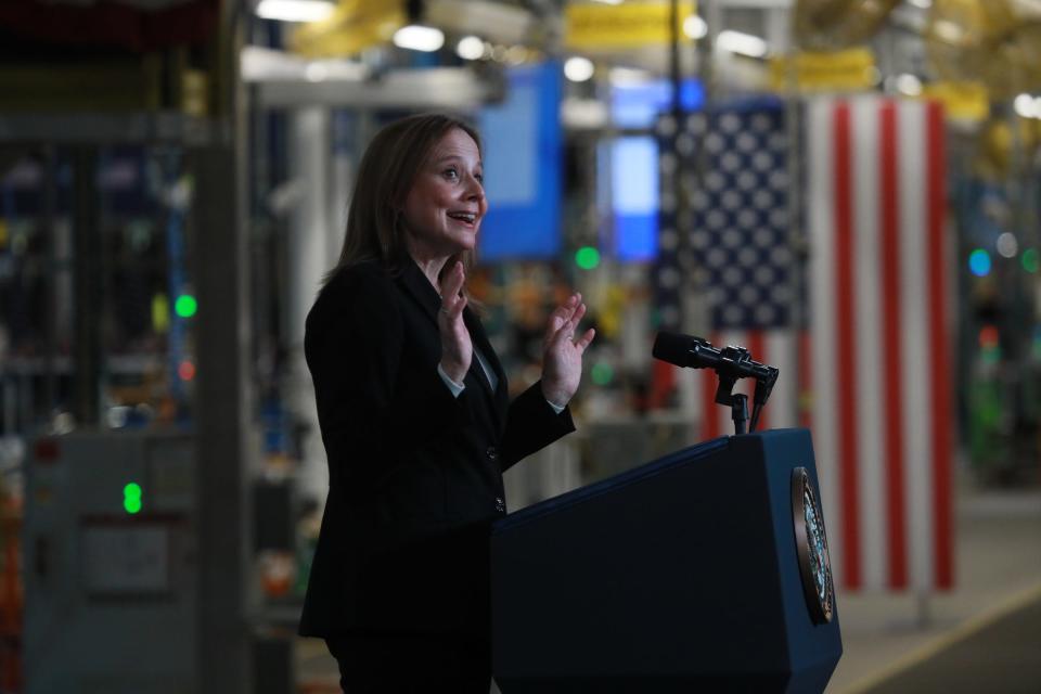 Chief Executive Officer of General Motors Mary Barra speaks at the grand opening of the Detroit-Hamtramck EV Factory Zero on Nov. 17, 2021.