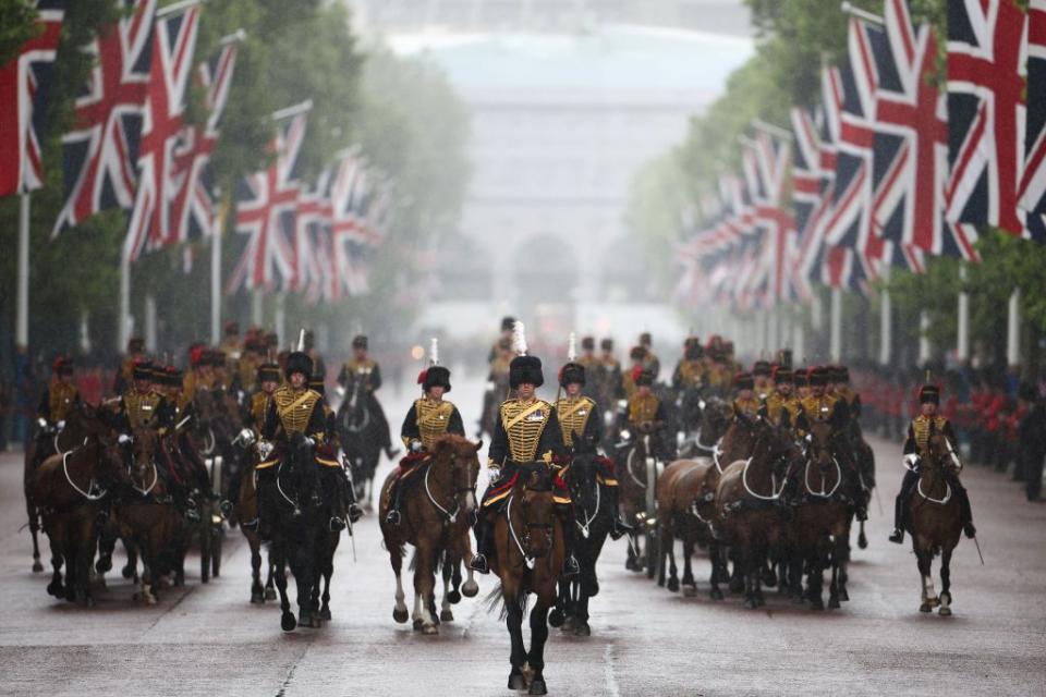 the kings troop royal horse artillery return, along the mall towards buckingham palace after the kings birthday parade, trooping the colour, in london, on june 15, 2024 the ceremony of trooping the colour is believed to have first been performed during the reign of king charles ii since 1748, the trooping of the colour has marked the official birthday of the british sovereign over 1500 parading soldiers and almost 300 horses take part in the event photo by henry nicholls afp photo by henry nichollsafp via getty images