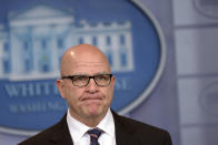 <p>National Security Adviser H.R. McMaster pauses during a briefing at the White House in Washington, Tuesday, May 16, 2017. President Donald Trump claimed the authority to share “facts pertaining to terrorism” and airline safety with Russia, saying in a pair of tweets he has “an absolute right” as president to do so. (Photo: Susan Walsh/AP) </p>