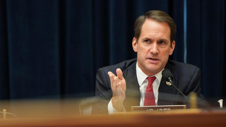 PHOTO: Rep. Jim Himes (D-CT) questions US Treasury Secretary Steven Mnuchin and Federal Reserve Chair Jerome Powell as they testify during a House Financial Services Committee hearing in the US Capitol in Washington,DC on Sept. 22, 2020.  (Joshua Roberts/POOL/AFP via Getty Images, FILE)