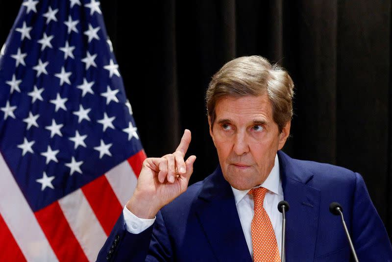 FILE PHOTO: John Kerry, the U.S. special envoy on climate issues, attends a press conference in Beijing