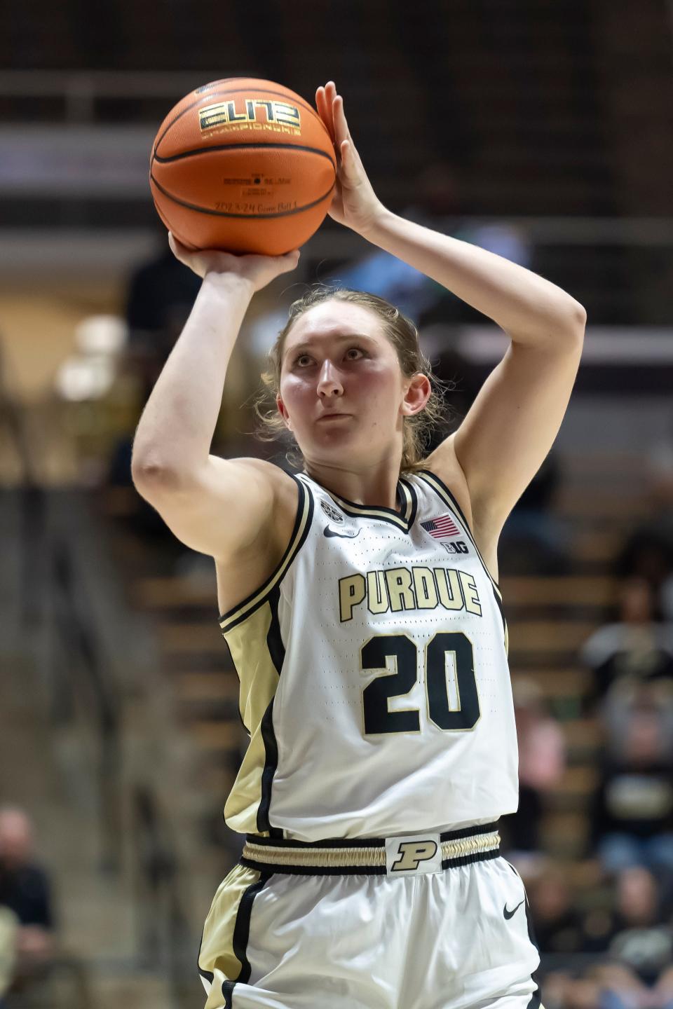 Purdue Boilermakers forward Mary Ashley Stevenson (20) sinks a free throw during the NCAA women’s basketball game against the Southern Jags, Sunday, Nov. 12, 2023, at Mackey Arena in West Lafayette, Ind. Purdue won 67-50.