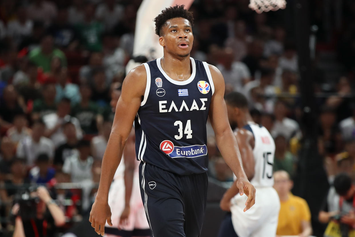 SHENZHEN, CHINA - SEPTEMBER 07:  Giannis Antetokounmpo #34 of Greece reacts during FIBA World Cup 2019 Group K match between USA and Greece at Shenzhen Bay Sports Centre on September 7, 2019 in Shenzhen, China.  (Photo by Lintao Zhang/Getty Images)