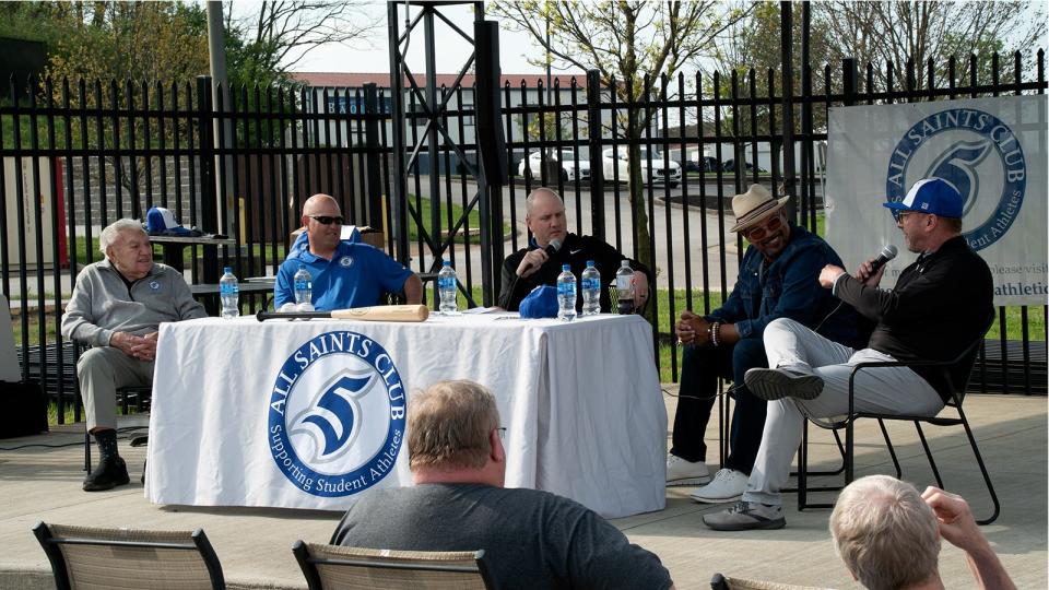 Cubby Lyon, Jeff Hetzer, Mo Egger, David Justice and Bobby Young participate in a chalk talk session before the Saints' baseball against the University of the Cumberlands game at Thomas More Stadium in Florence, KY on April 15, 2023.