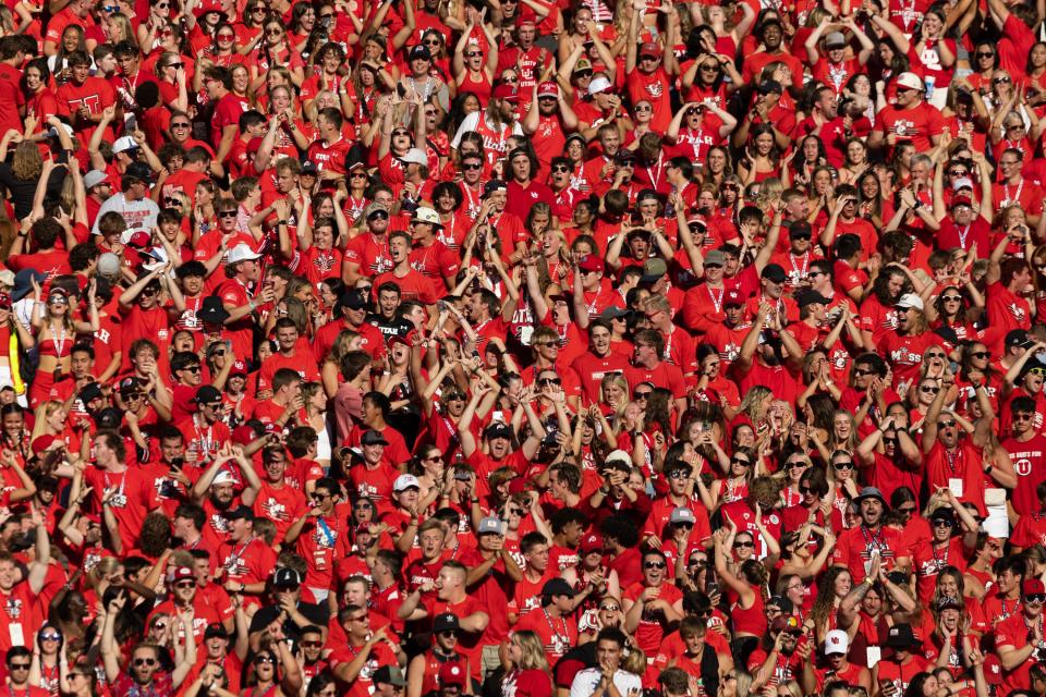 Utah Utes fans celebrate Money Parks’ (10) touchdown during the first quarter of their season opener against Florida at Rice-Eccles Stadium in Salt Lake City on Thursday, Aug. 31, 2023. | Megan Nielsen, Deseret News