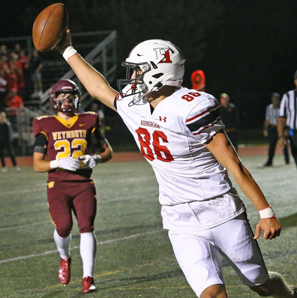Hingham tight end captain Gunnar Corey scores a touchdown at Weymouth High on Friday, Sept. 22, 2023.