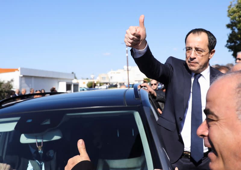 Presidential candidate Nikos Christodoulides during the second round of the presidential election in Geroskipou near Paphos