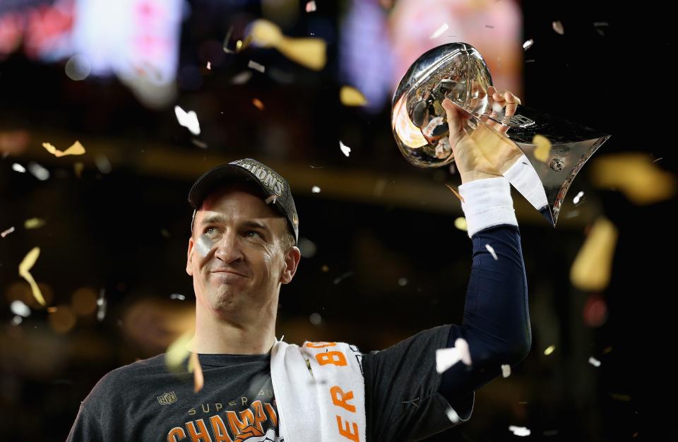 SANTA CLARA, CA - FEBRUARY 07:  Quarterback Peyton Manning #18 of the Denver Broncos holds the Vince Lombardi Trophy after winning Super Bowl 50 against the Carolina Panthers at Levi's Stadium on February 7, 2016 in Santa Clara, California.  (Photo by Patrick Smith/Getty Images)