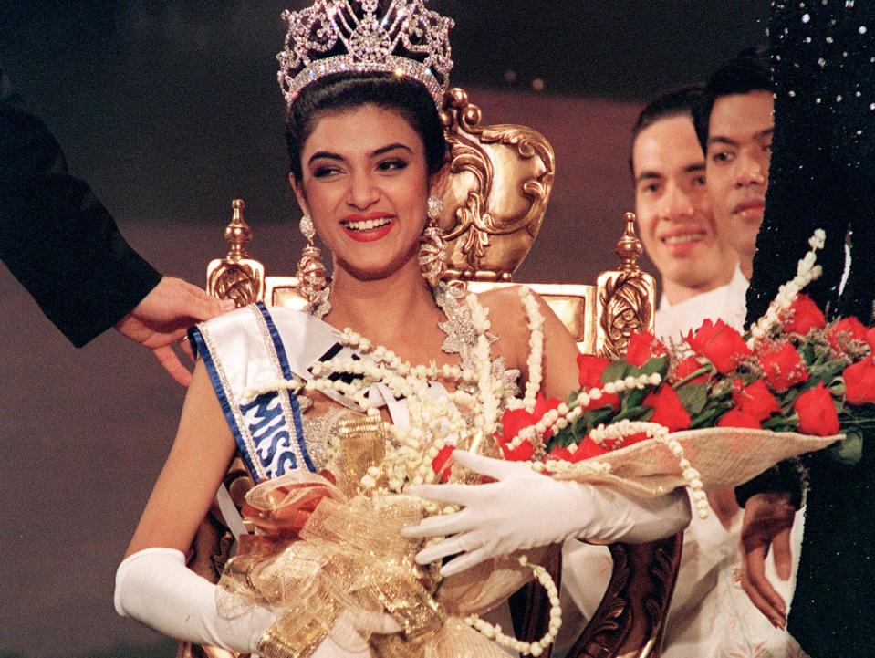 Sushmita Sen smiles 21 May 1994 after winning the 1994 Miss Universe crown in Manila. Sen became the first Indian winner of the world's most prestigious beauty pageant.