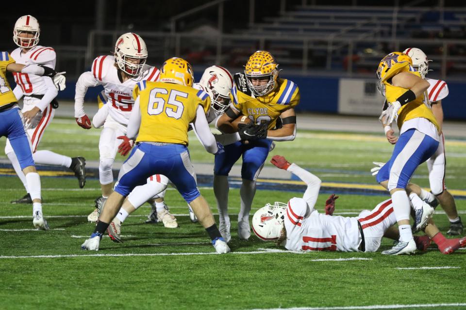 Clyde's Cole Schwochow carries the ball.