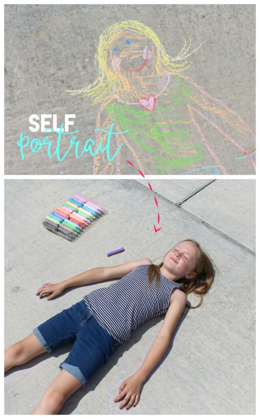 <p>Try a chalk art project that doubles as a form of self expression: Have someone lie down on the sidewalk while you trace their silhouette with chalk. Then let the traced person decorate so it looks like them. Add clothes, jewelry, accessories, and more.</p><p><em><a href="https://www.agirlandagluegun.com/2016/07/36444.html" rel="nofollow noopener" target="_blank" data-ylk="slk:Get the tutorial from a Girl and a Glue Gun »;elm:context_link;itc:0;sec:content-canvas" class="link ">Get the tutorial from a Girl and a Glue Gun »</a></em></p>