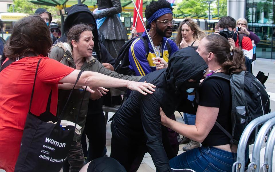 Aleks Kovacevic (right, wearing short sleeved black T-shirt) was met with confrontation - Jake Lindley/SOPA Images/Shutterstock