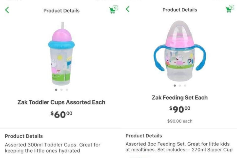 Screenshot of Woolworths website showing Zak toddler cups priced at 