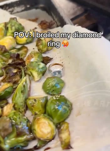 <p>Jackie Gansky/Tiktok</p> Jackie Gansky notices diamond ring on brussels sprouts tray