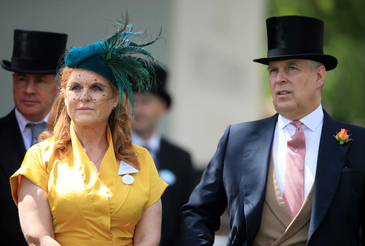 Sarah, Duchess of York and The Duke of York arriving during day four of Royal Ascot at Ascot Racecourse.