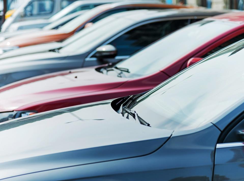 Cars parked in a row.