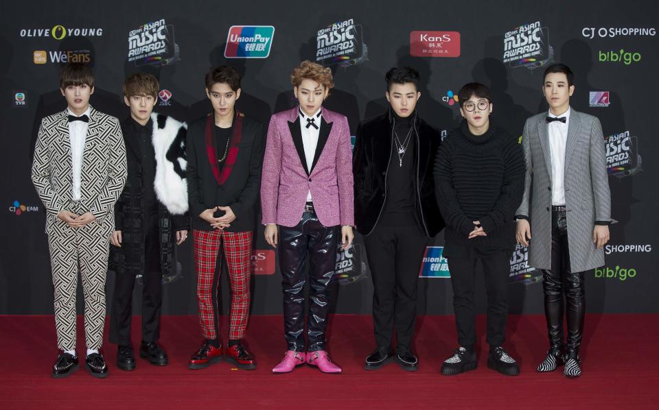South Korean pop band Block , pose on the red carpet at the 2014 Mnet Asian Music Awards (MAMA) in Hong Kong